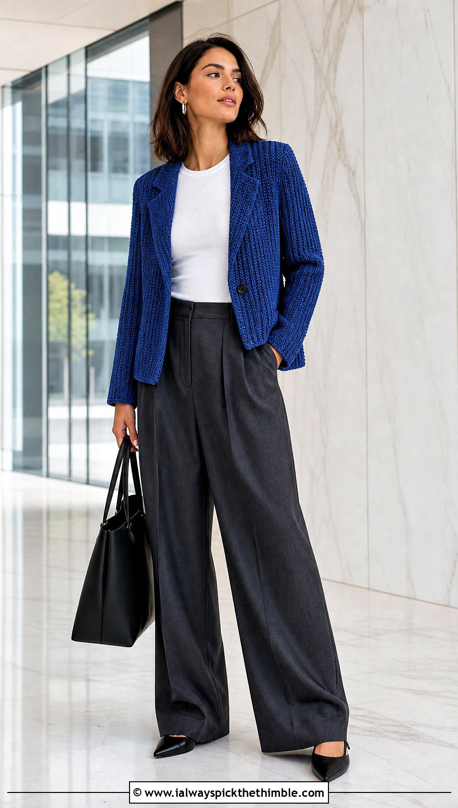 Ribbed Crochet Blazer With Wide Leg Trousers - 25 crochet blazer outfit ideas