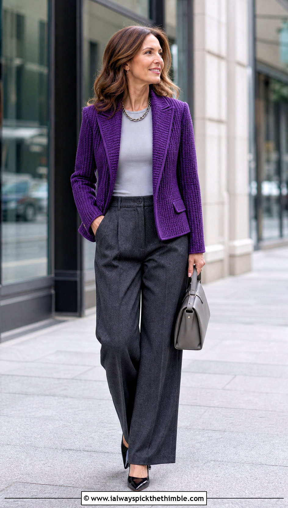 Ribbed Crochet Blazer With Wide Leg Trousers - 20 crochet jacket for ladies outfit ideas