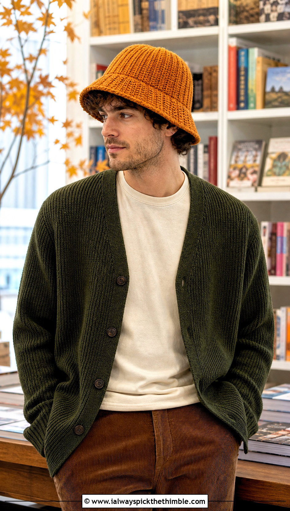 Ribbed Crochet Bucket Hat With Cardigan And Corduroy Pants - 25 men crochet bucket hat outfit ideas