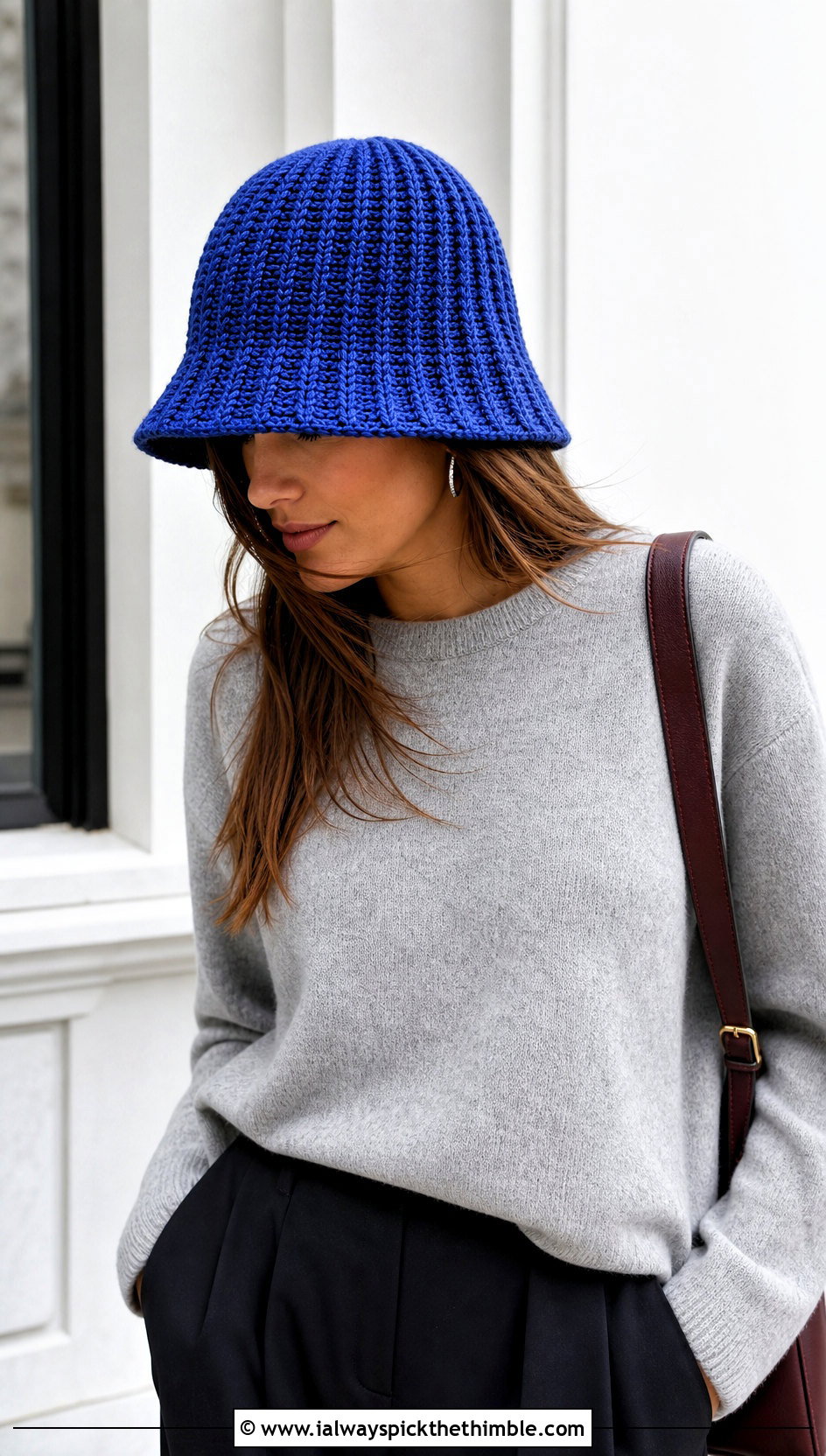 Ribbed Crochet Bucket Hat With Sweater And Wide Leg Pants - 20 easy crochet bucket hat outfit ideas
