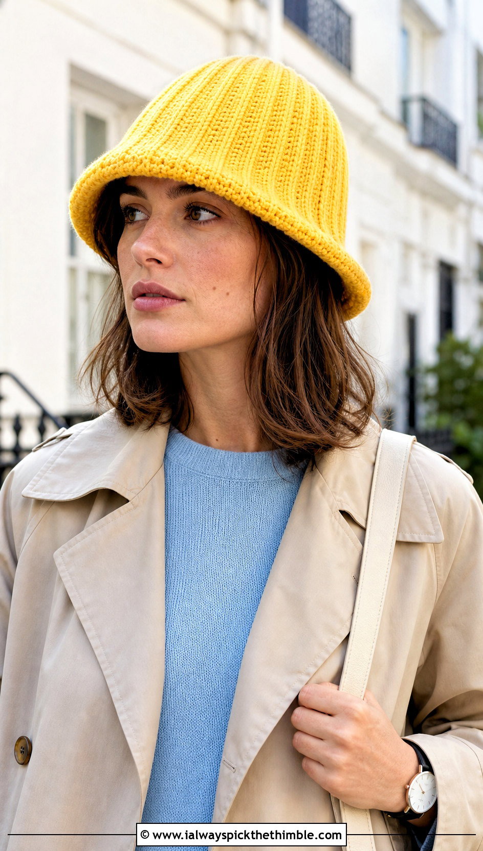 Ribbed Crochet Bucket Hat With Trench Coat And Trousers - 25 crochet bucket hat outfit ideas