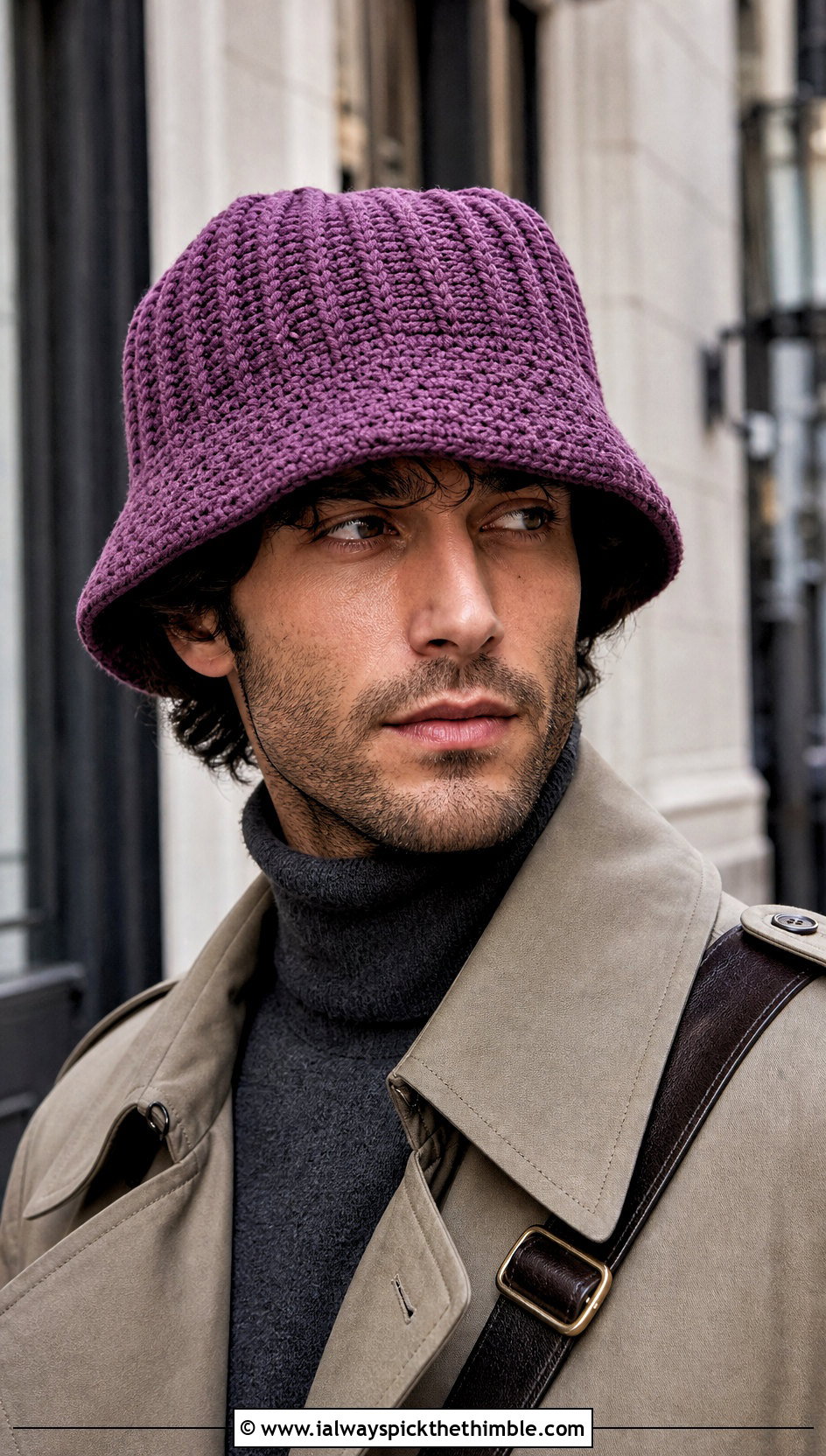 Ribbed Crochet Bucket Hat With Trench Coat And Turtleneck - 20 crochet bucket hat men outfit ideas