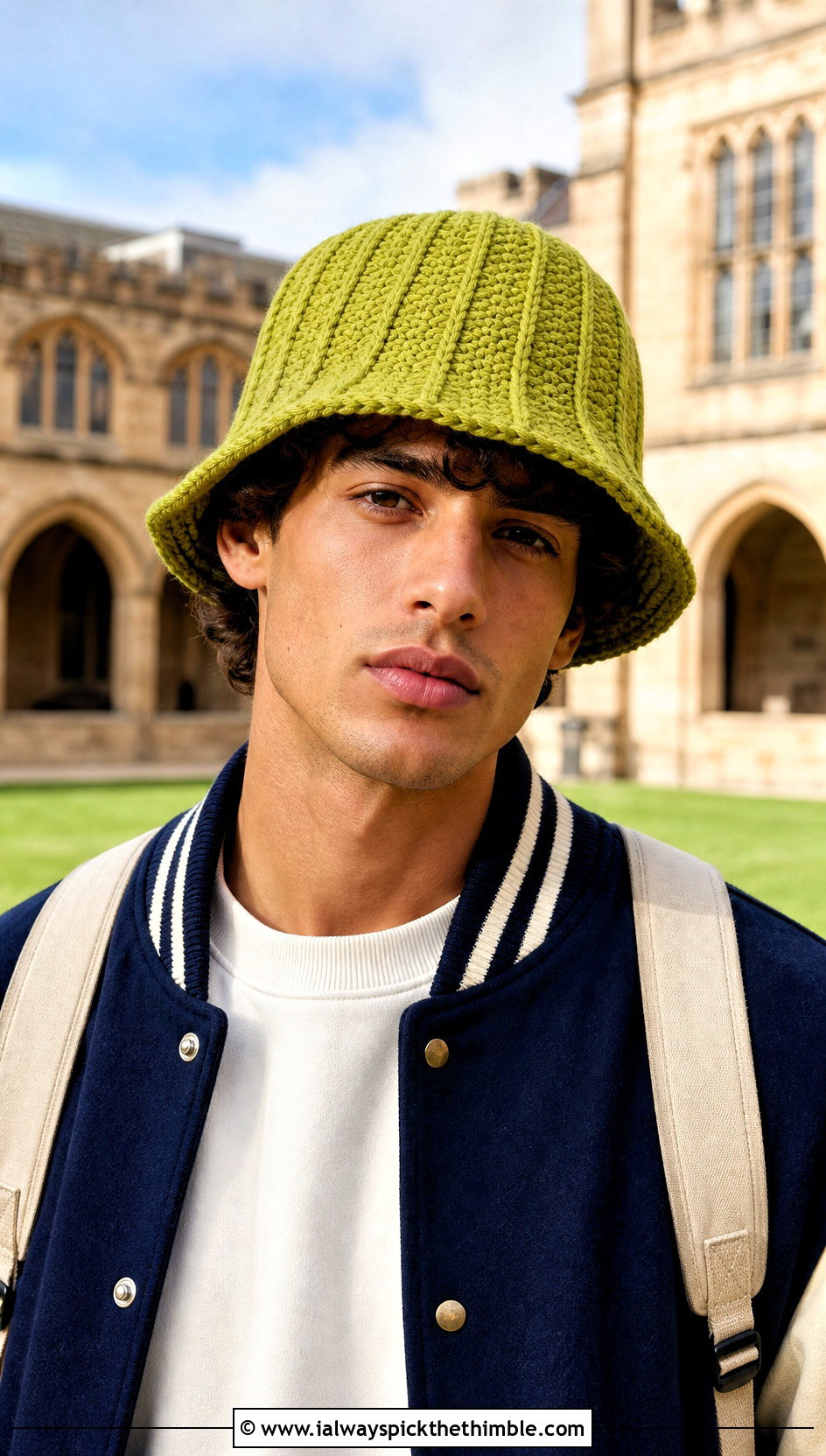 Ribbed Crochet Bucket Hat With Varsity Jacket And Chinos - 15 Crochet Mens Bucket Hat outfit ideas