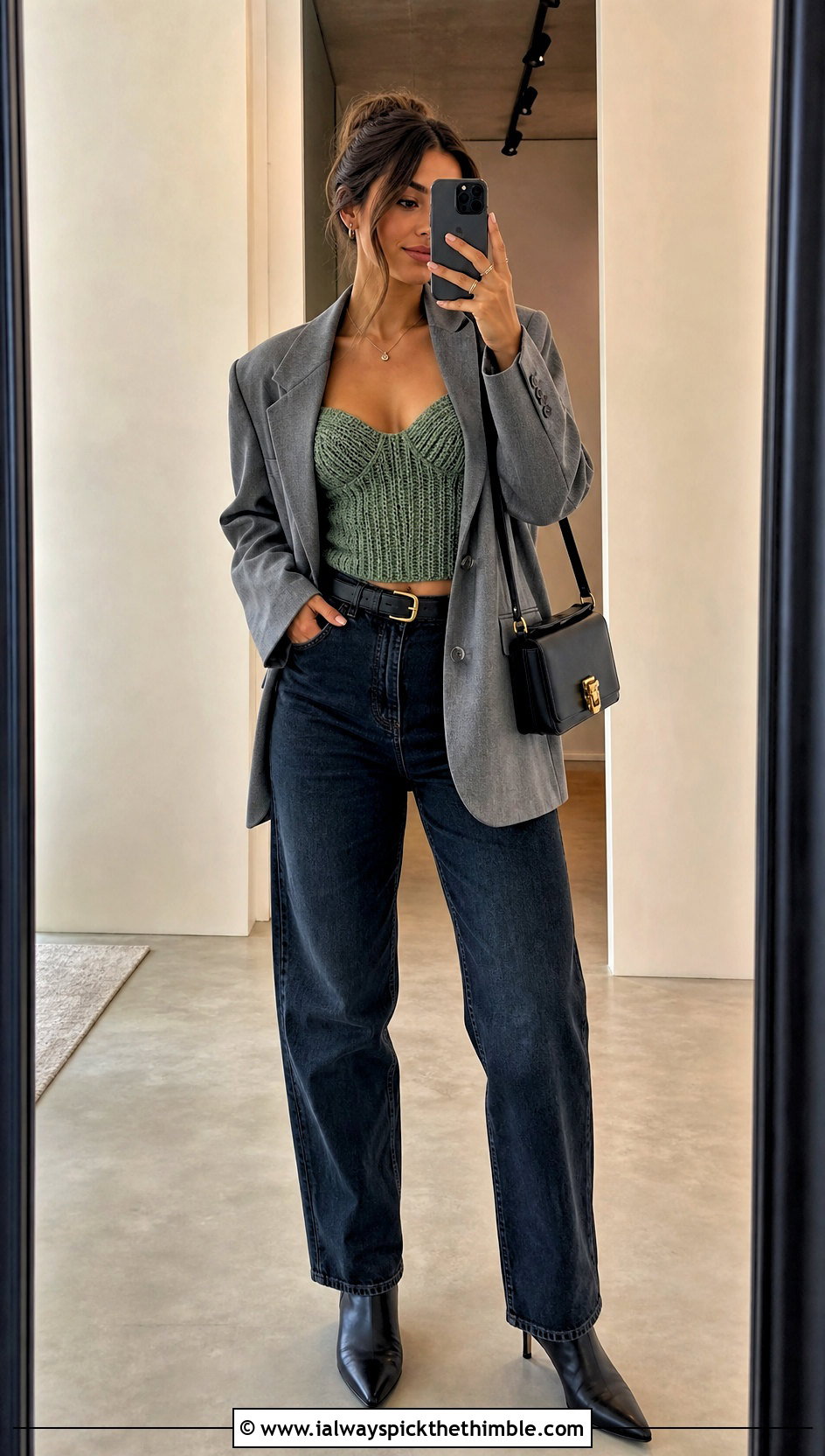 Ribbed Crochet Bustier With Blazer And Jeans - 20 crochet bustier outfit ideas