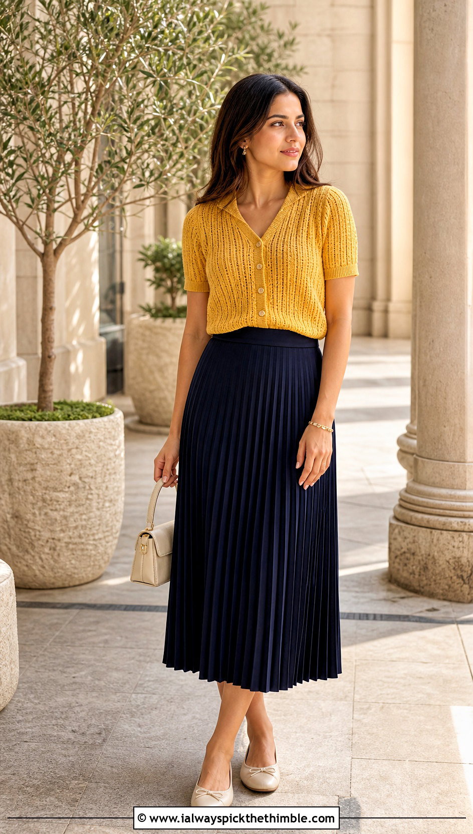 Ribbed Crochet Button Top With Pleated Midi Skirt - 20 crochet button top outfit ideas