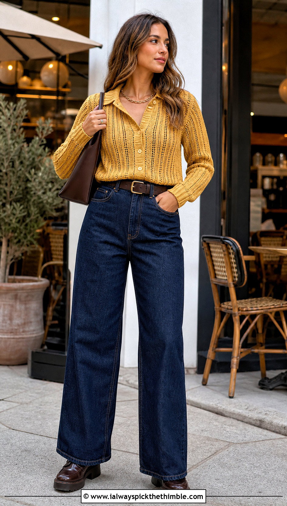 Ribbed Crochet Button Up Shirt With Wide Leg Jeans - 25 crochet button up shirt outfit ideas