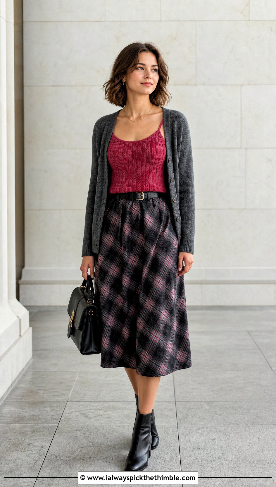 Ribbed Crochet Cami With Plaid Midi Skirt - 20 Crochet Cami outfit ideas