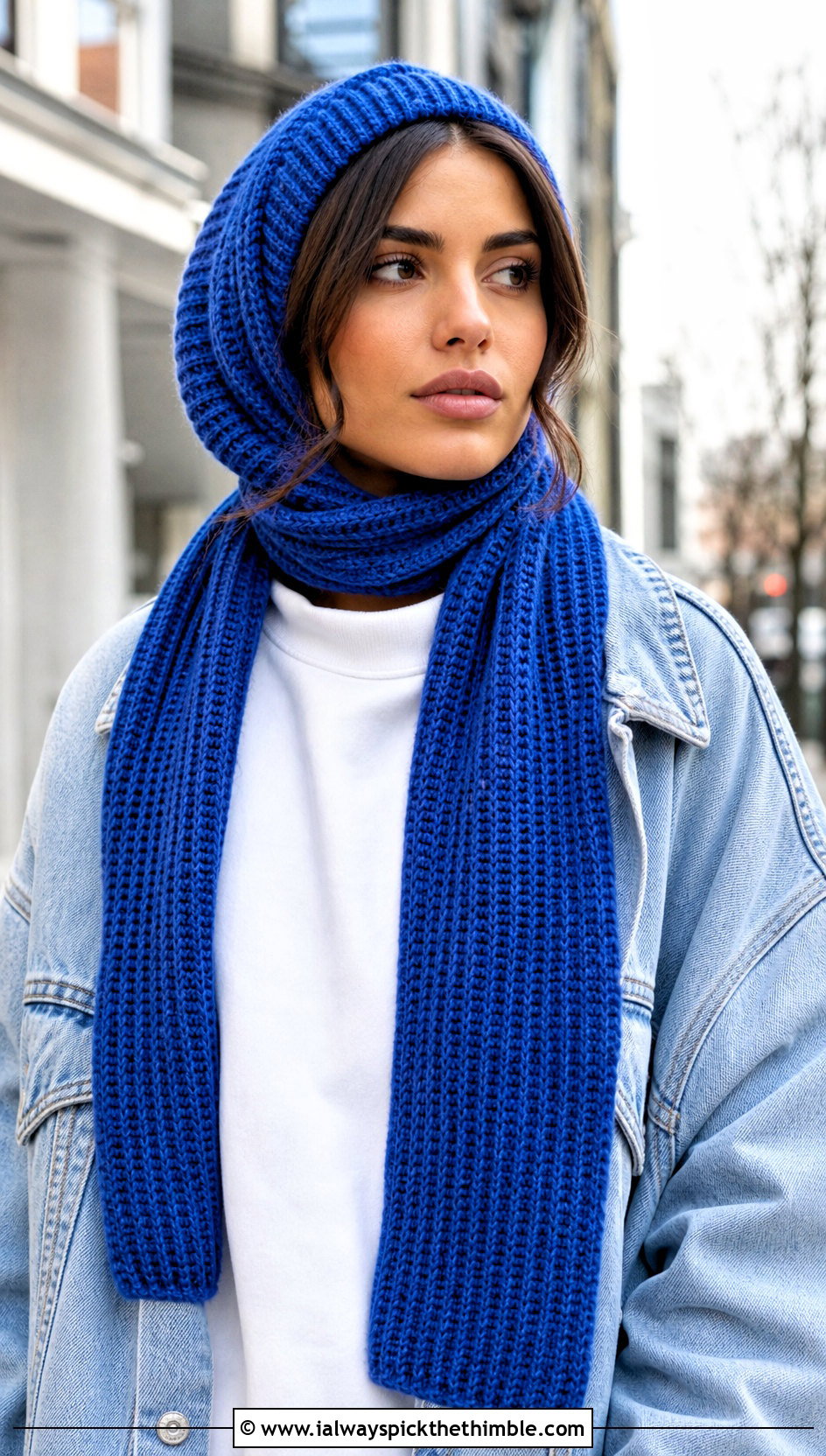 Ribbed Crochet Cap Scarf With Denim Jacket - 20 Crochet Cap Scarf outfit ideas
