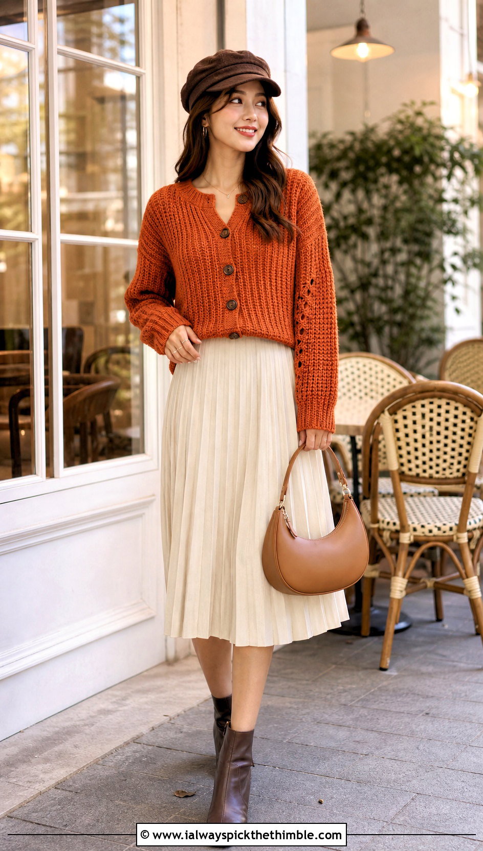 Ribbed Crochet Cardigan With Baker Boy Hat and Pleated Skirt - 15 Crochet Cardigan With Hat outfit ideas