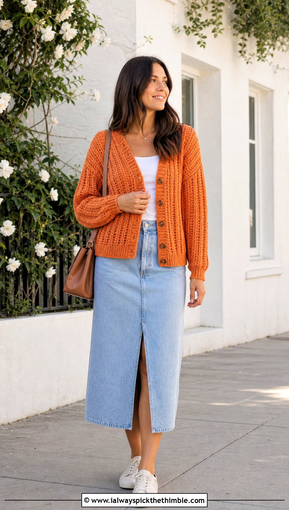 Ribbed Crochet Cardigan With Denim Midi Skirt - 20 Modern Crochet Cardigan outfit ideas