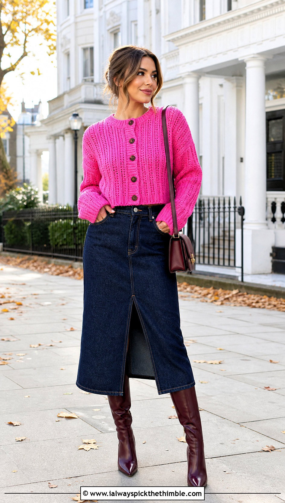 Ribbed Crochet Cardigan With Denim Midi Skirt - 25 fall crochet cardigan outfit ideas