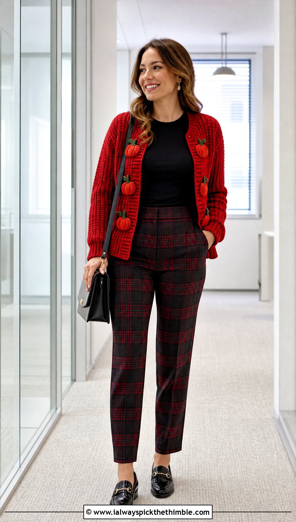 Ribbed Crochet Cardigan With Plaid Trousers - 20 halloween crochet cardigan outfit ideas