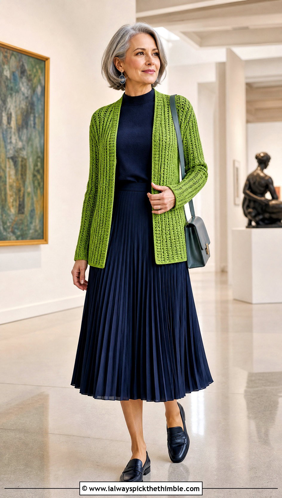 Ribbed Crochet Cardigan With Pleated Midi Skirt - 20 loose crochet cardigan outfit ideas