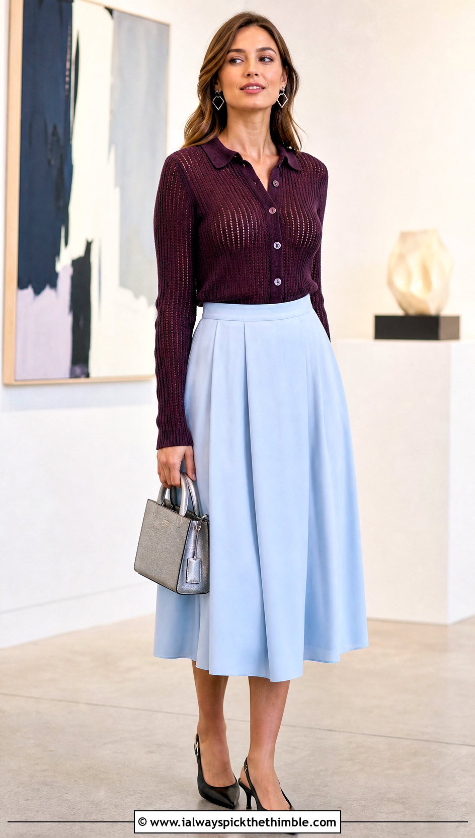 Ribbed Crochet Cardigan With Pleated Midi Skirt - 15 trendy crochet cardigan outfit ideas