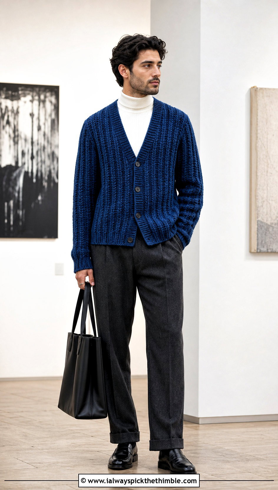 Ribbed Crochet Cardigan With Turtleneck And Wool Trousers - 25 mens crochet cardigan outfit ideas