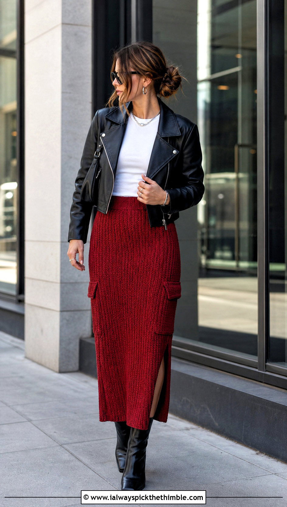 Ribbed Crochet Cargo Skirt With Moto Jacket - 25 crochet cargo skirt outfit ideas