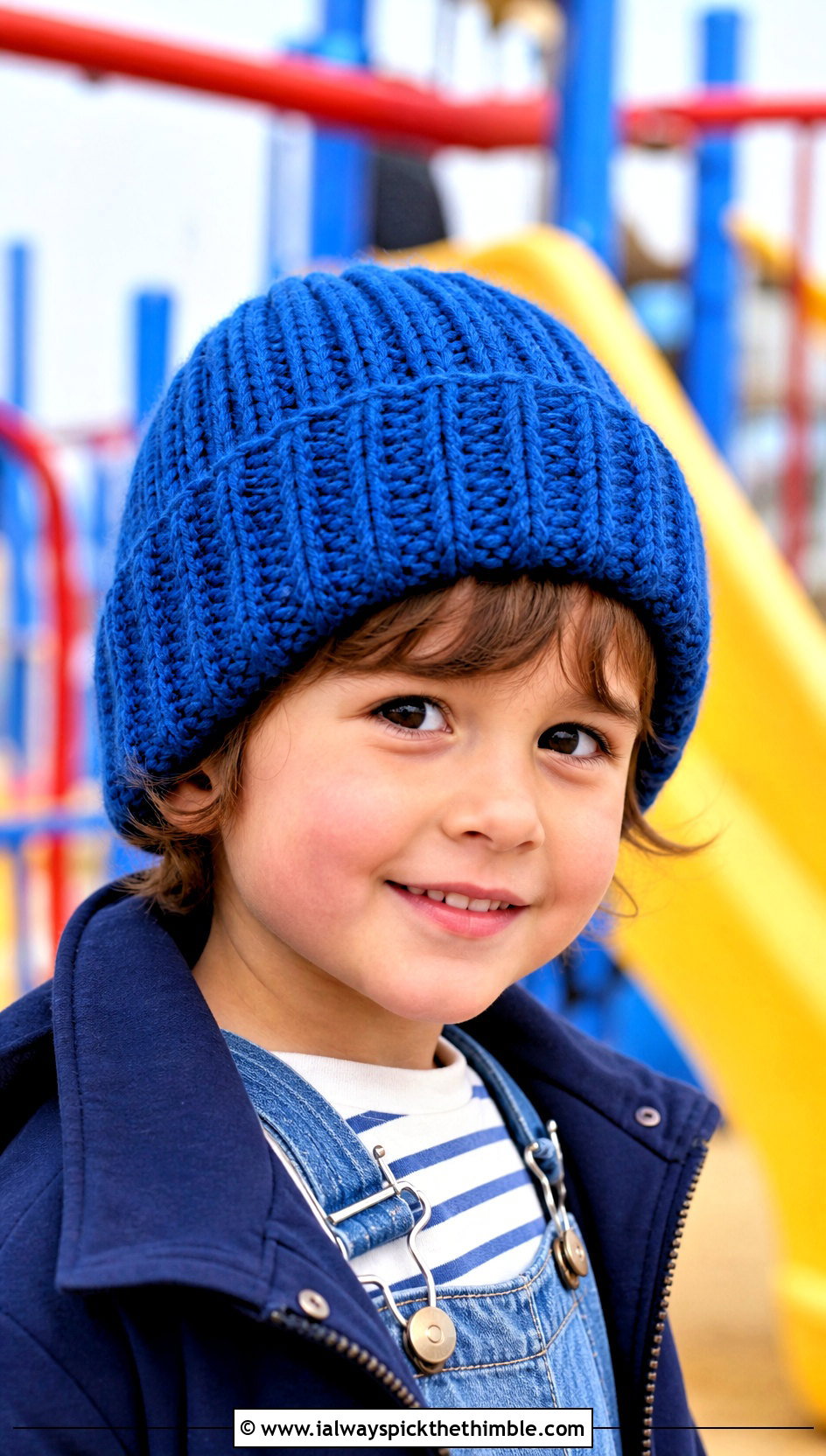 Ribbed Crochet Childs Beanie With Denim Overalls - 20 crochet childs hat outfit ideas