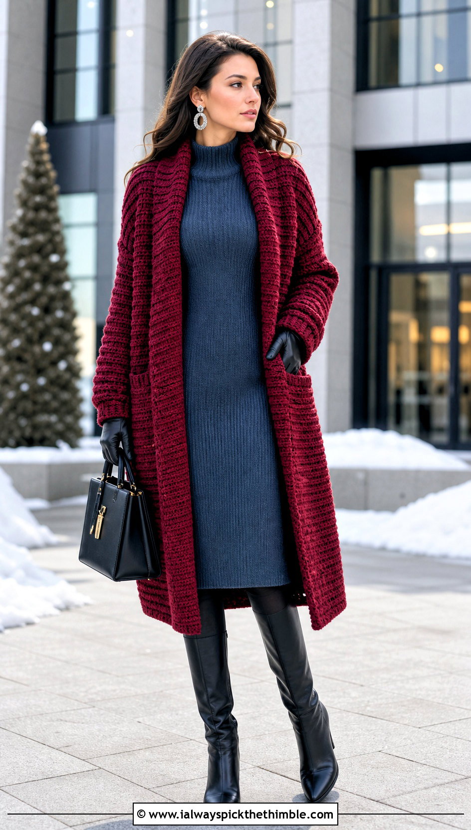 Ribbed Crochet Coatigan With Sweater Dress - 20 witchy crochet cardigan outfit ideas
