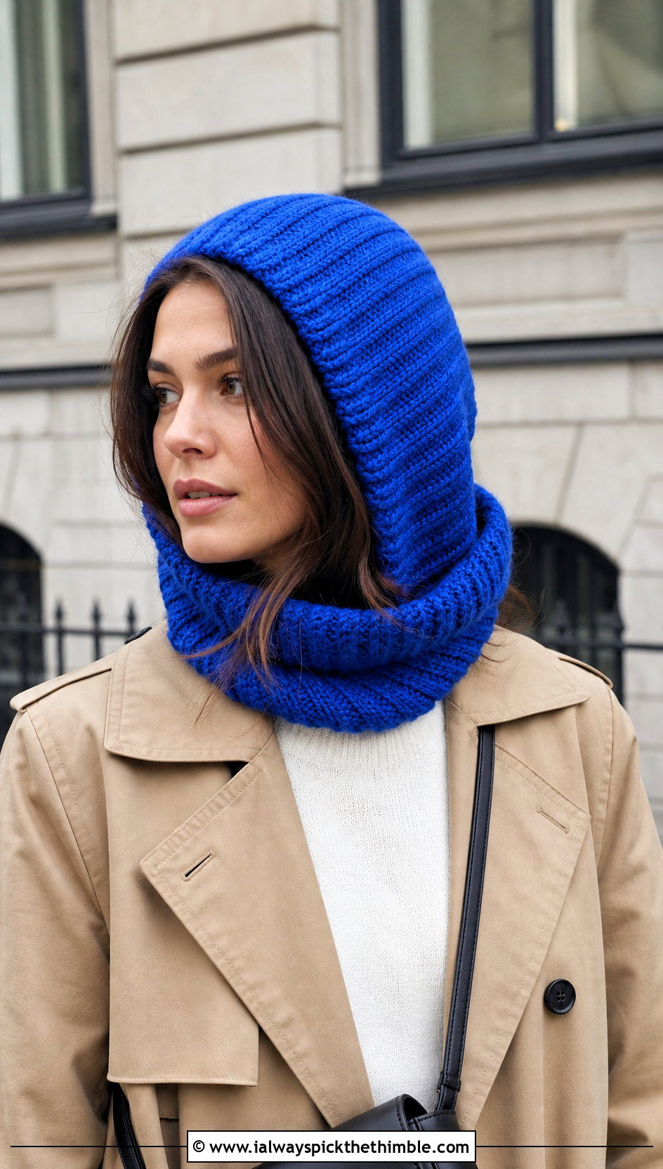 Ribbed Crochet Cowl Hat With Trench Coat And Jeans - 20 crochet cowl hat outfit ideas