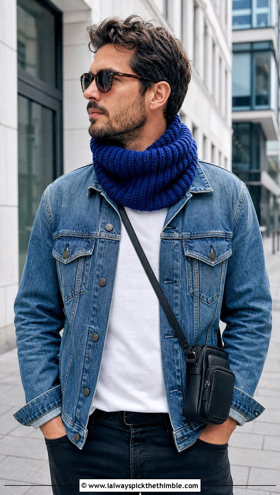 Ribbed Crochet Cowl With Denim Jacket - 20 Men Crochet Cowl outfit ideas