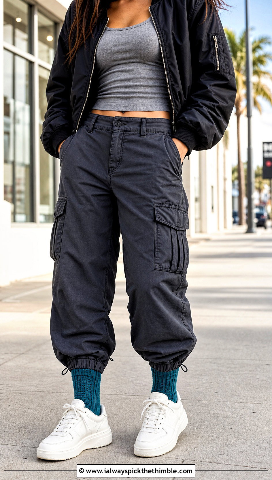 Ribbed Crochet Crew Socks With Cargo Pants And Sneakers - 25 easy crocheted socks outfit ideas