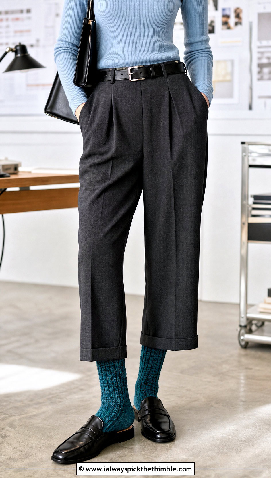 Ribbed Crochet Crew Socks With Pleated Trousers - 25 crochet socks for beginners outfit ideas
