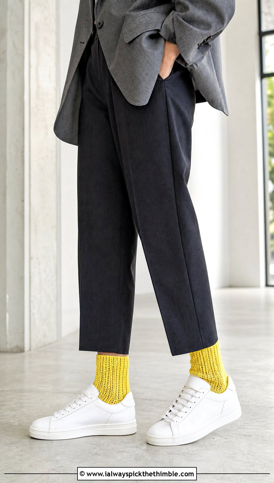 Ribbed Crochet Crew Socks With Tailored Trousers And Sneakers - 25 crochet socks outfit ideas