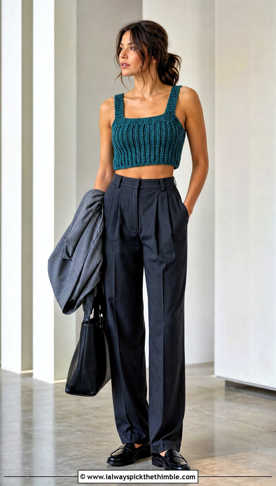 Ribbed Crochet Crop Top With Tailored Trousers - 25 crochet crop top outfits ideas