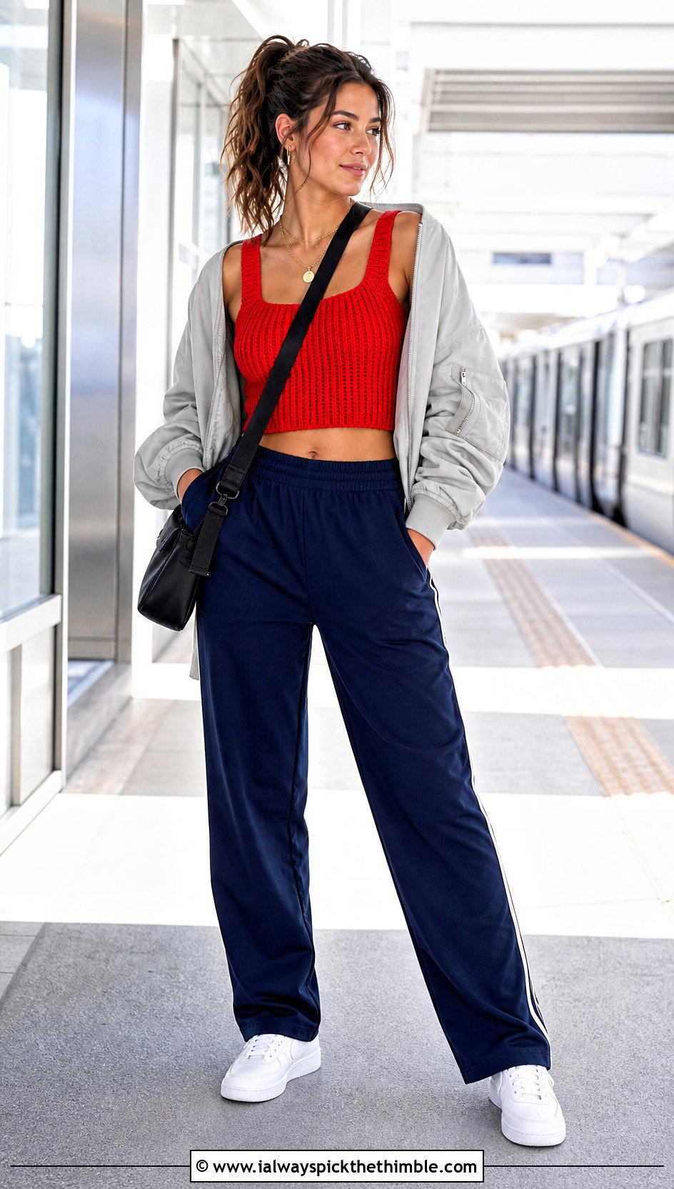 Ribbed Crochet Crop Top With Track Pants - 20 diy crochet top outfit ideas