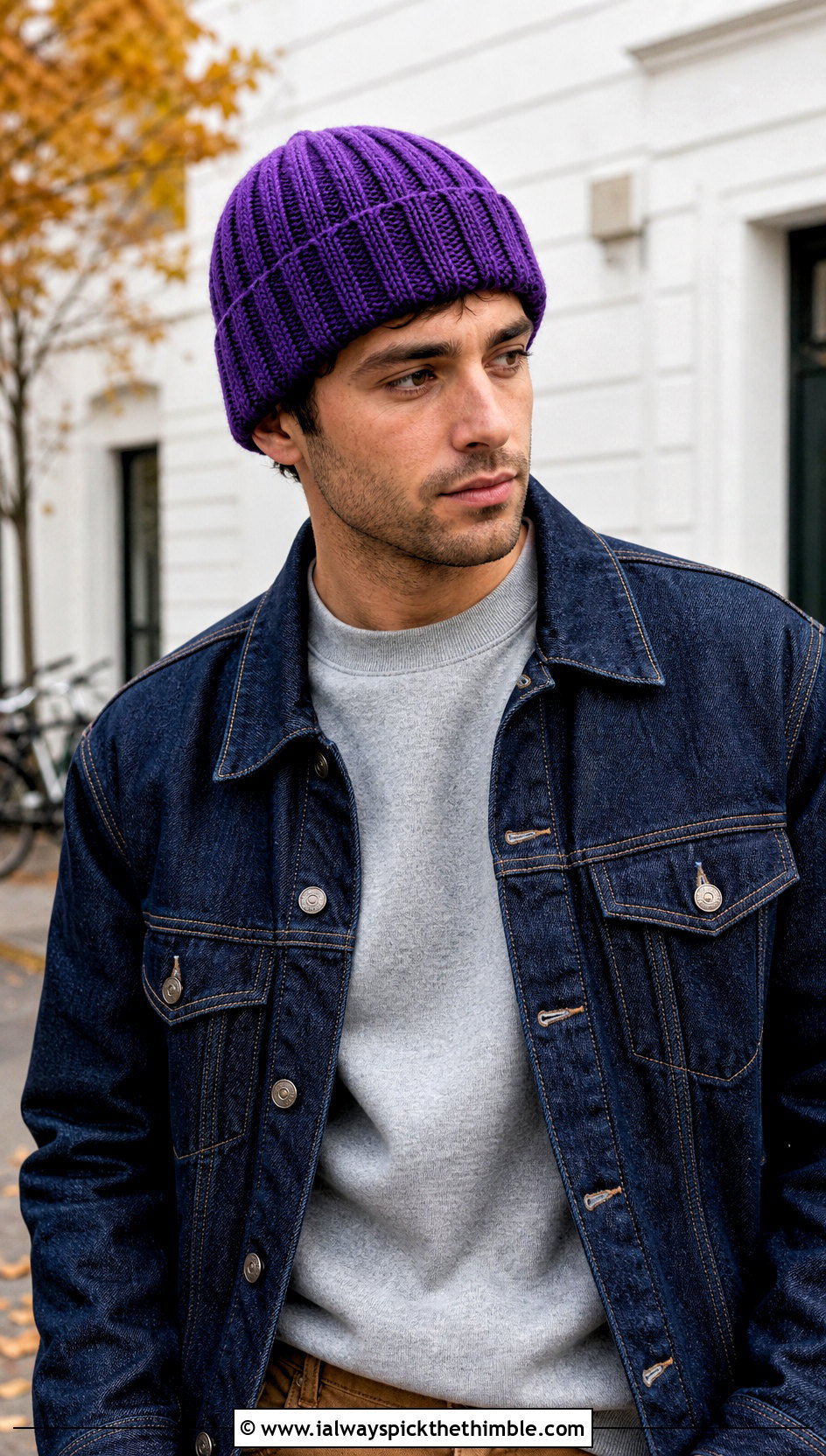 Ribbed Crochet Cuffed Beanie With Denim Jacket And Work Pants - 20 men's crochet hats outfit ideas