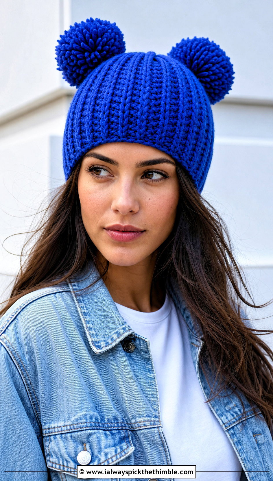 Ribbed Crochet Double Pom Pom Hat With Denim Jacket - 20 Crochet Hat With Two Pom Poms outfit ideas