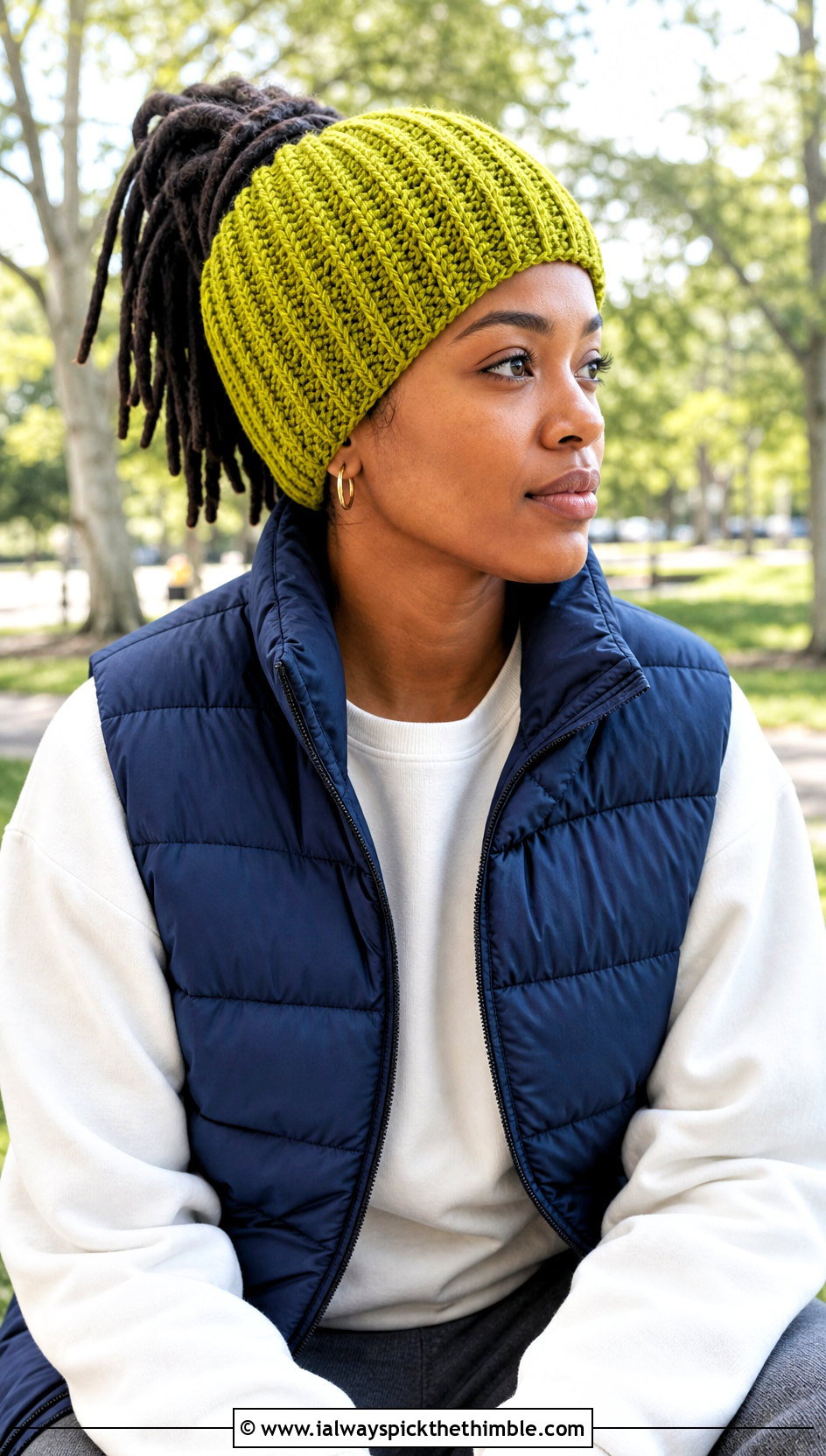 Ribbed Crochet Dreadlock Beanie With Puffer Vest And Joggers - 20 Crochet Dreadlock Hat outfit ideas