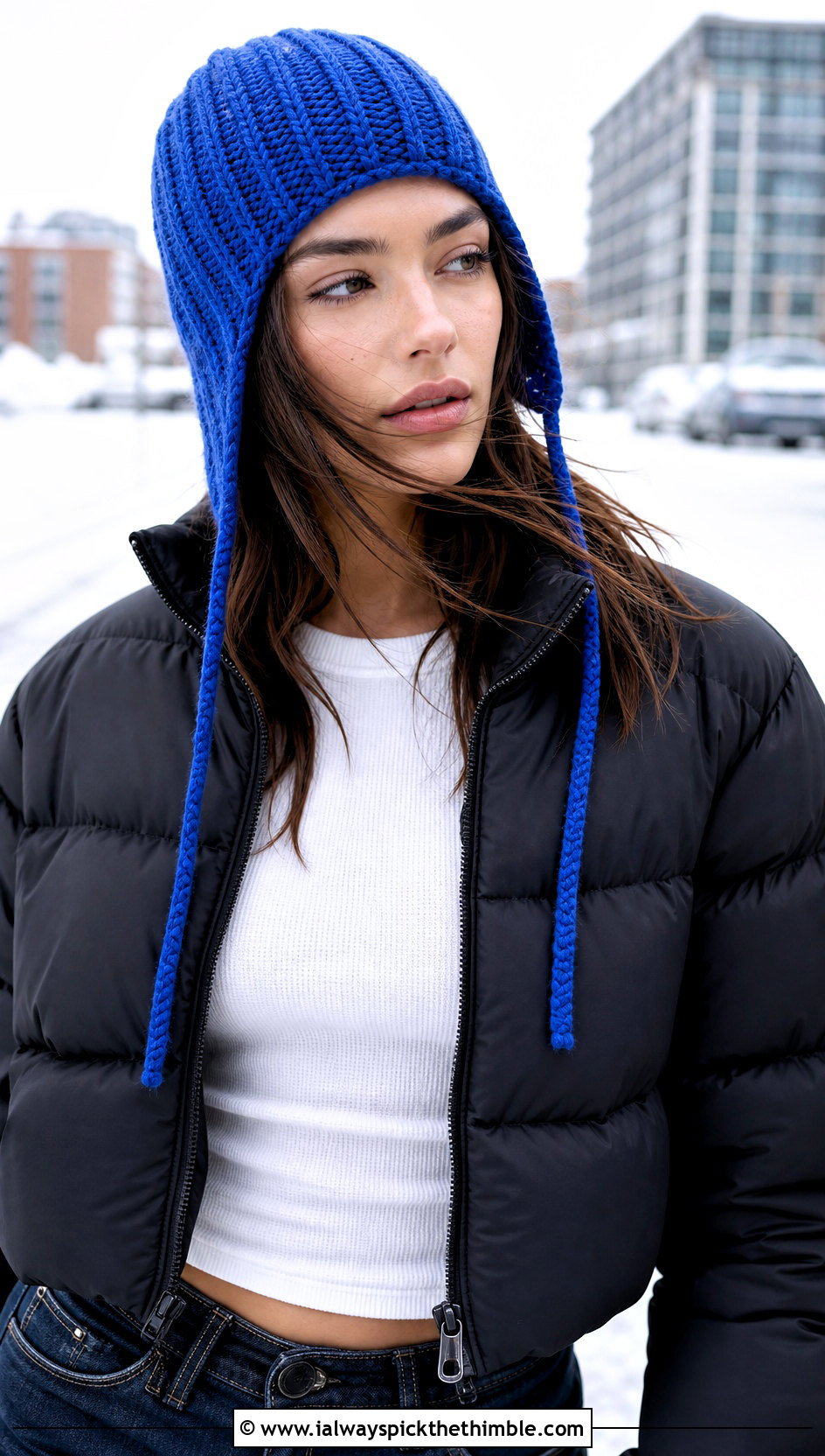 Ribbed Crochet Ear Flap Beanie With Puffer Jacket - 20 crochet ear flap beanie outfit ideas