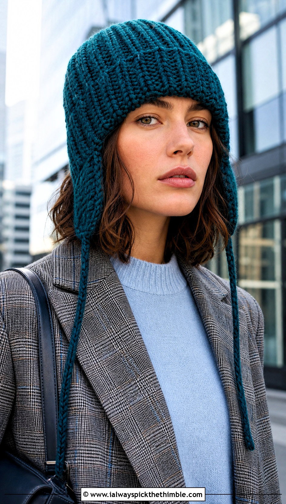 Ribbed Crochet Ear Flap Hat With Blazer And Jeans - 20 crochet adult ear flap hat outfit ideas
