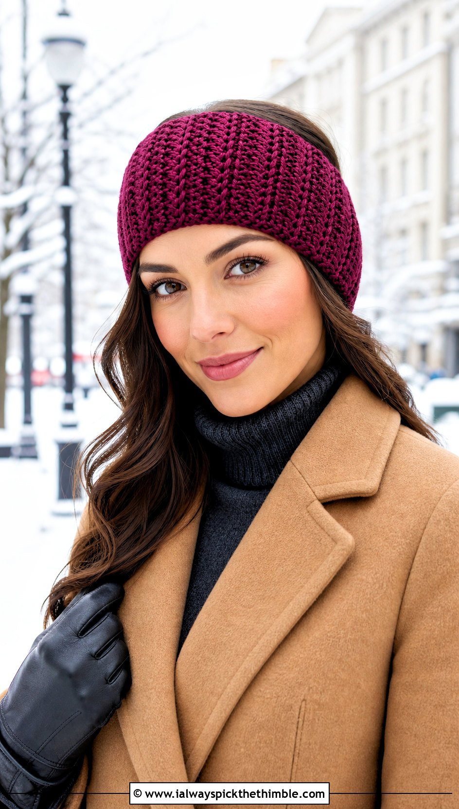 Ribbed Crochet Ear Warmer Headband With Wool Coat And Jeans - 20 crochet hair headband outfit ideas