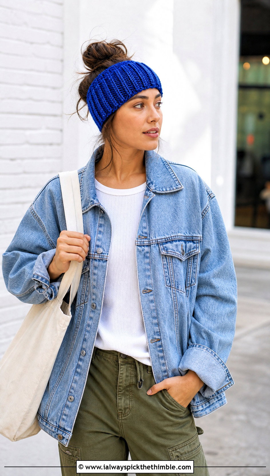 Ribbed Crochet Ear Warmer With Denim Jacket and Cargo Pants - 20 Simple Crochet Ear Warmer outfit ideas