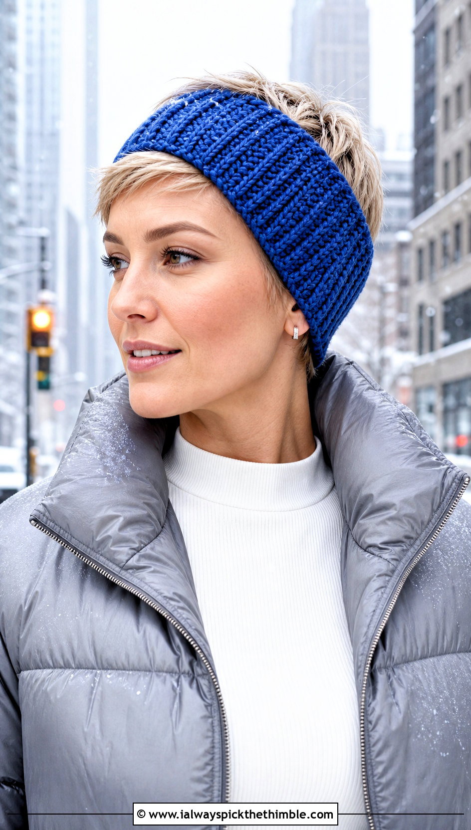 Ribbed Crochet Ear Warmer With Puffer Jacket - 20 crochet headband for short hair outfit ideas