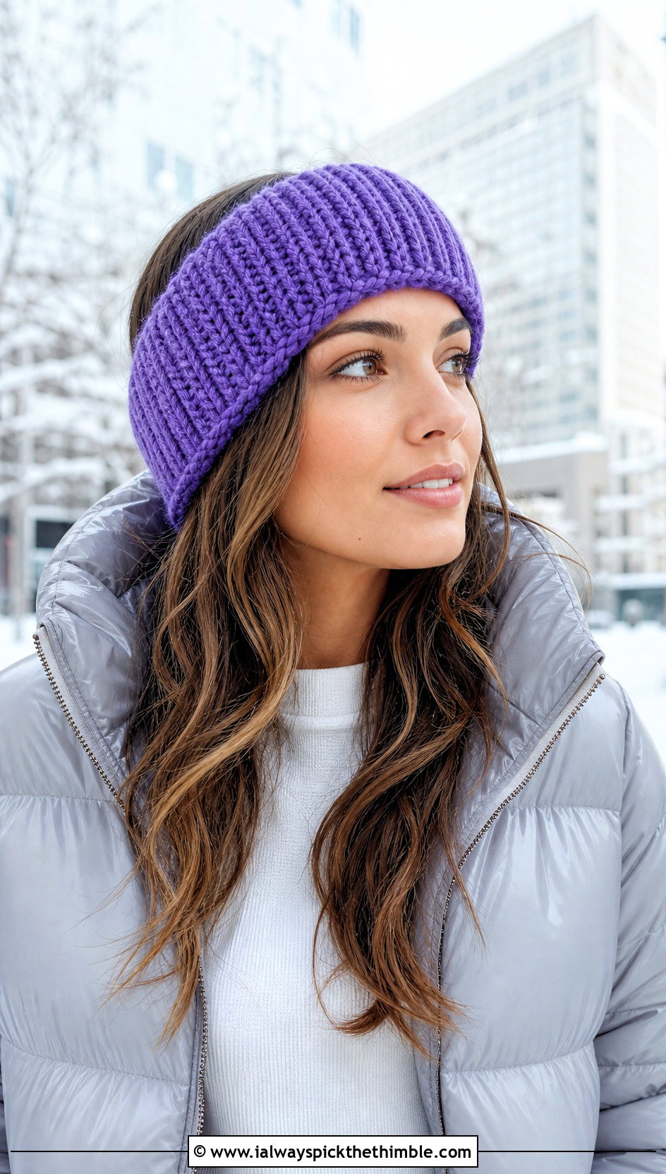 Ribbed Crochet Ear Warmer With Puffer Jacket - 20 simple crochet head bands outfit ideas