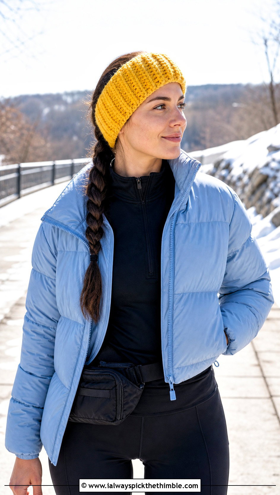 Ribbed Crochet Ear Warmer With Puffer Jacket And Leggings - 25 simple crochet headband outfit ideas