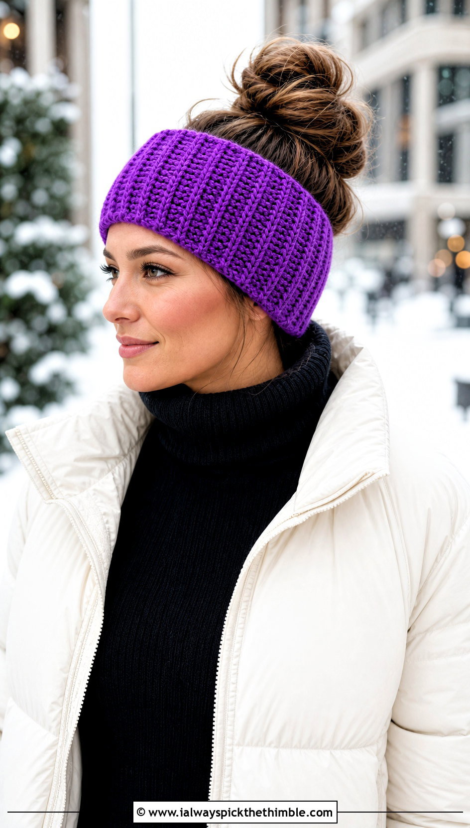 Ribbed Crochet Ear Warmer With Puffer Jacket - 20 crochet for headbands outfit ideas