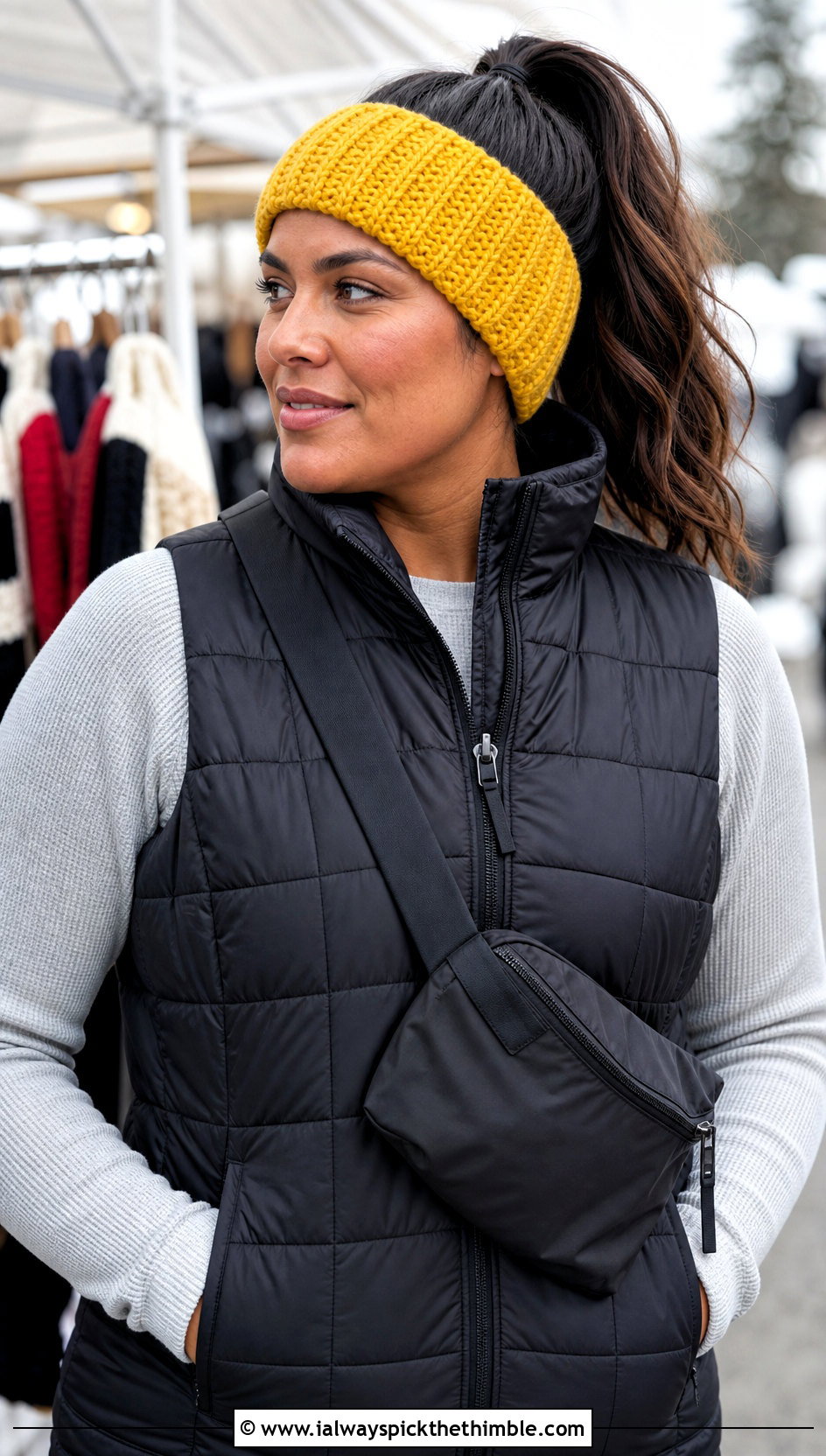 Ribbed Crochet Ear Warmer With Puffer Vest - 25 Easy Crochet Ear Warmer outfit ideas