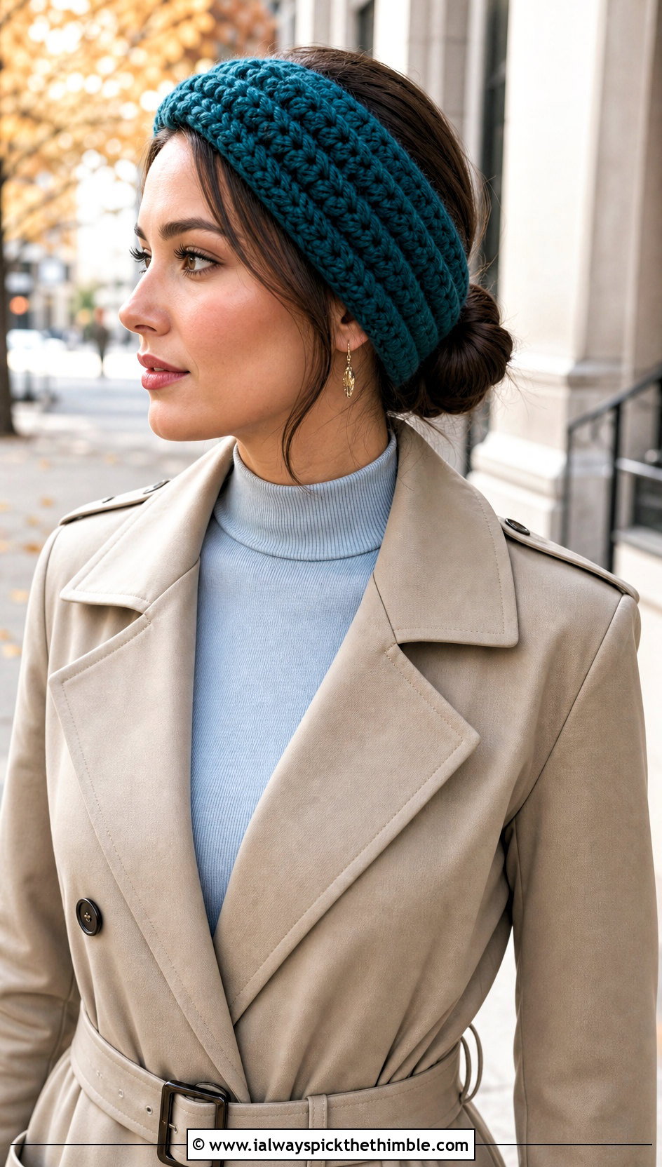 Ribbed Crochet Ear Warmer With Trench Coat - 20 crochet fall headband outfit ideas