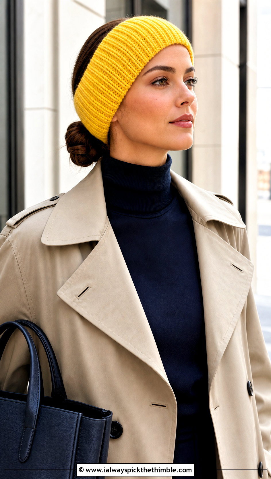 Ribbed Crochet Ear Warmer With Trench Coat - 20 Beginner Crochet Ear Warmer outfit ideas