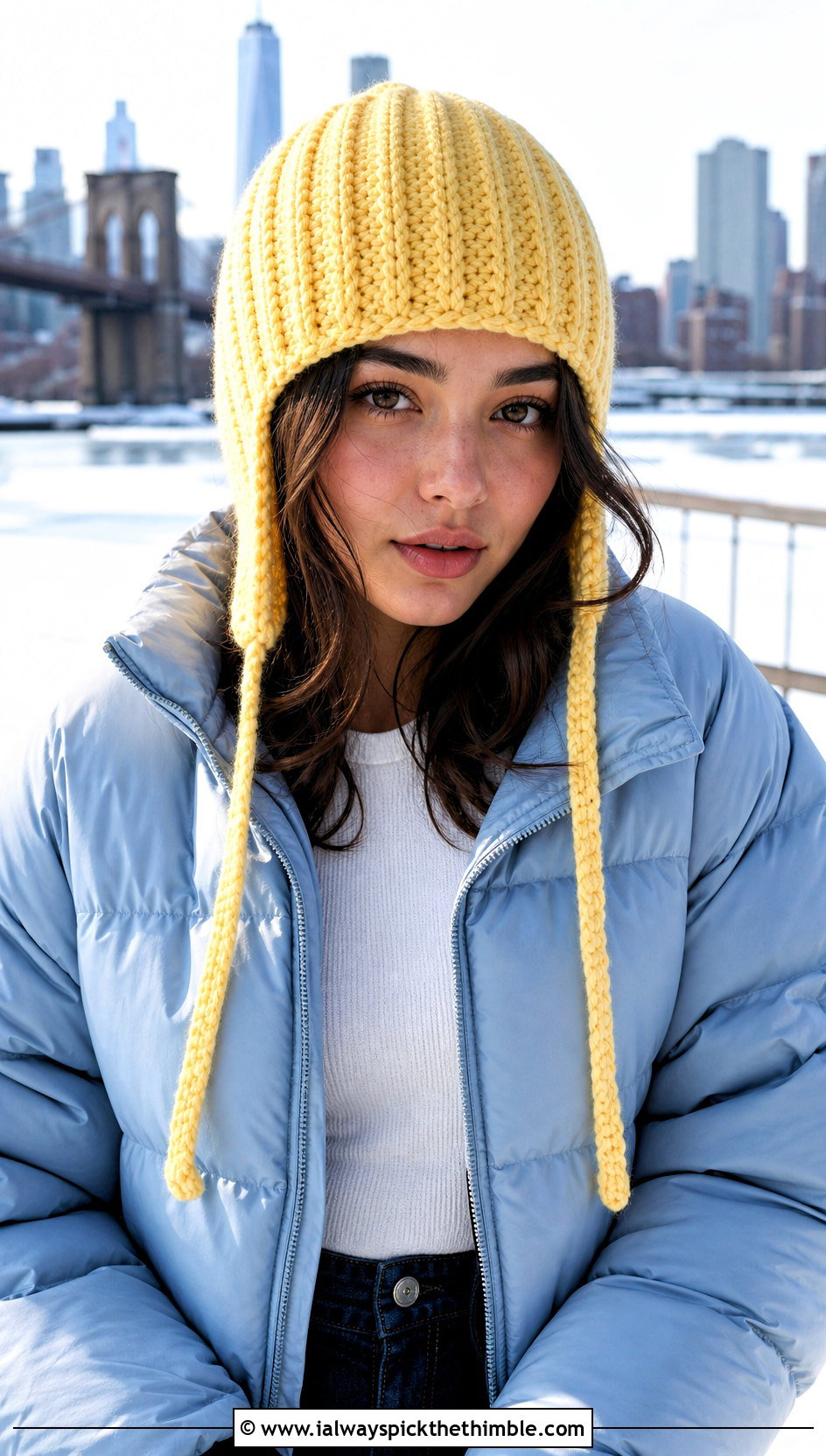 Ribbed Crochet Earflap Beanie With Cropped Puffer Jacket - 20 crochet earflap beanie outfit ideas