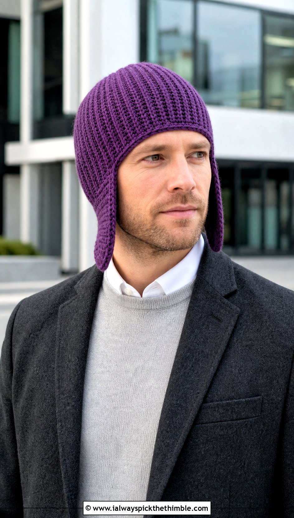 Ribbed Crochet Earflap Hat With Office Blazer - 20 Mens Crochet Earflap Hat outfit ideas