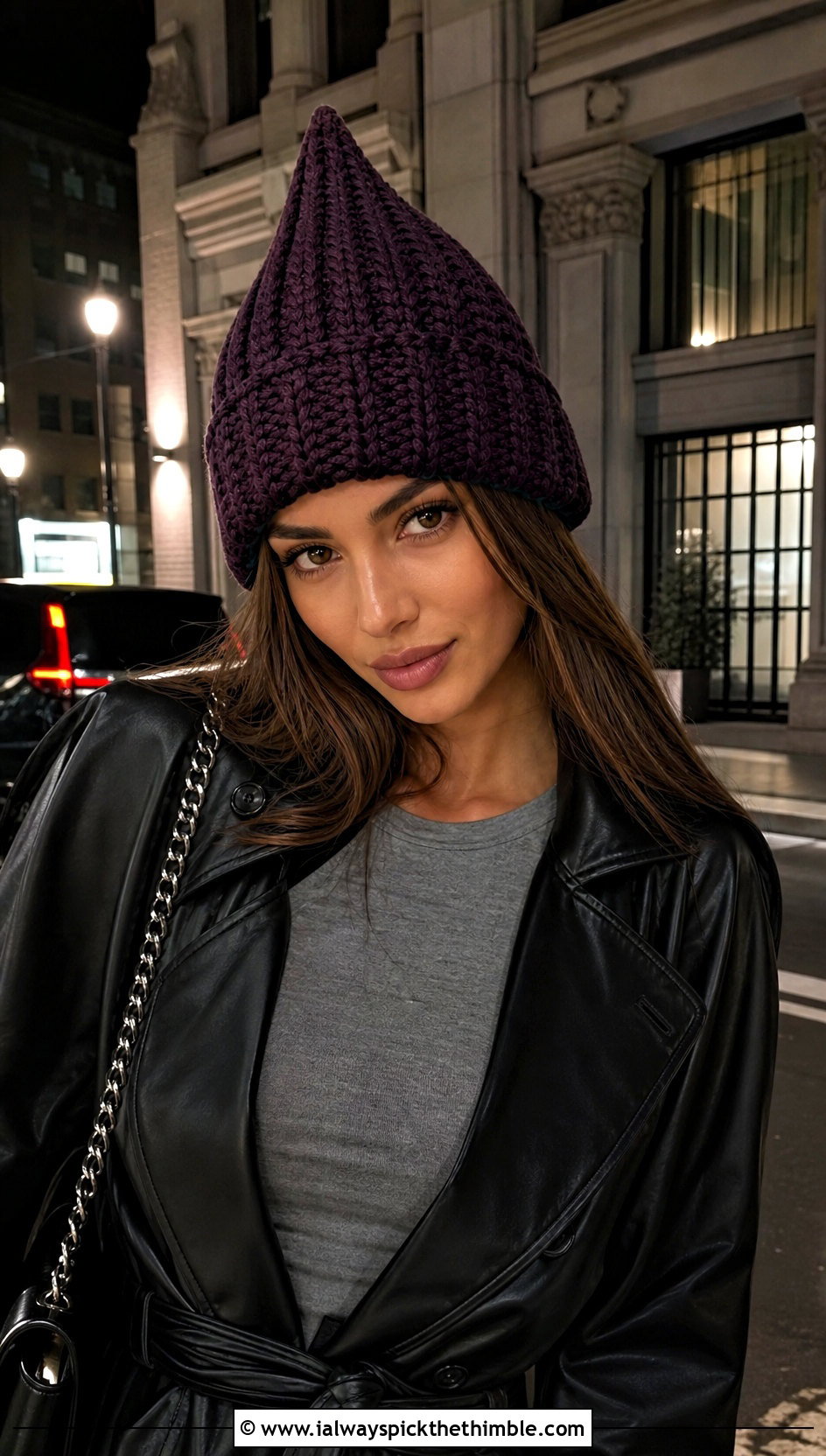 Ribbed Crochet Elphaba Hat With Leather Trench Coat - 20 Crochet Elphaba Hat outfit ideas