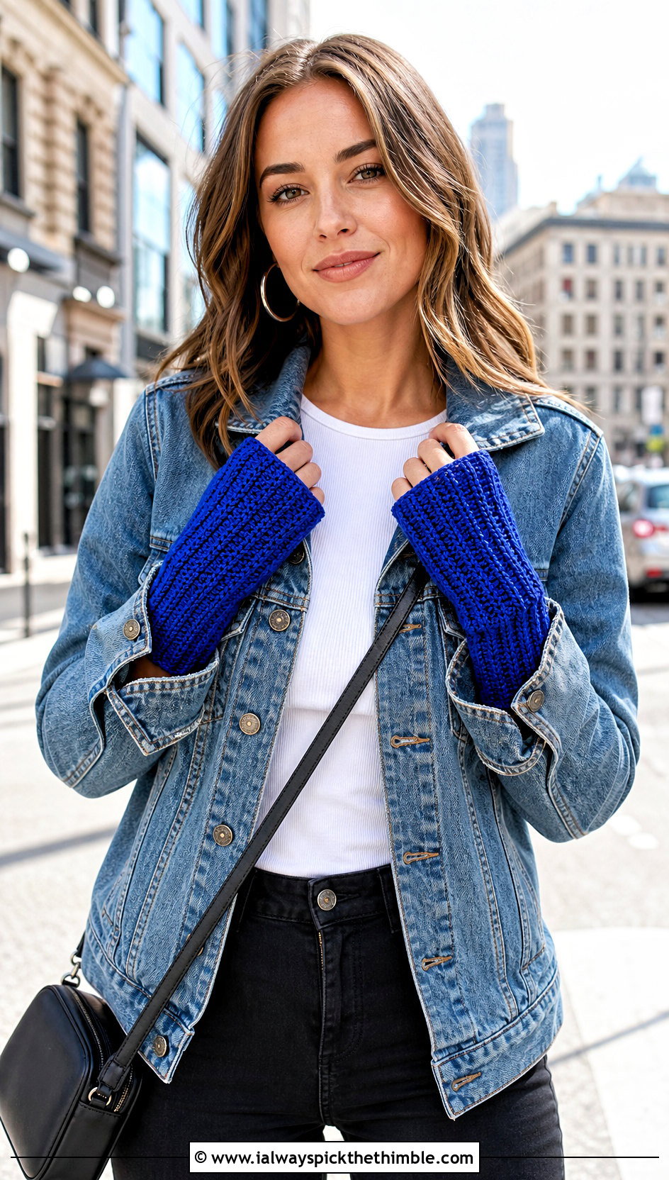 Ribbed Crochet Fingerless Gloves With Denim Jacket - 20 easy crochet hand warmers outfit ideas