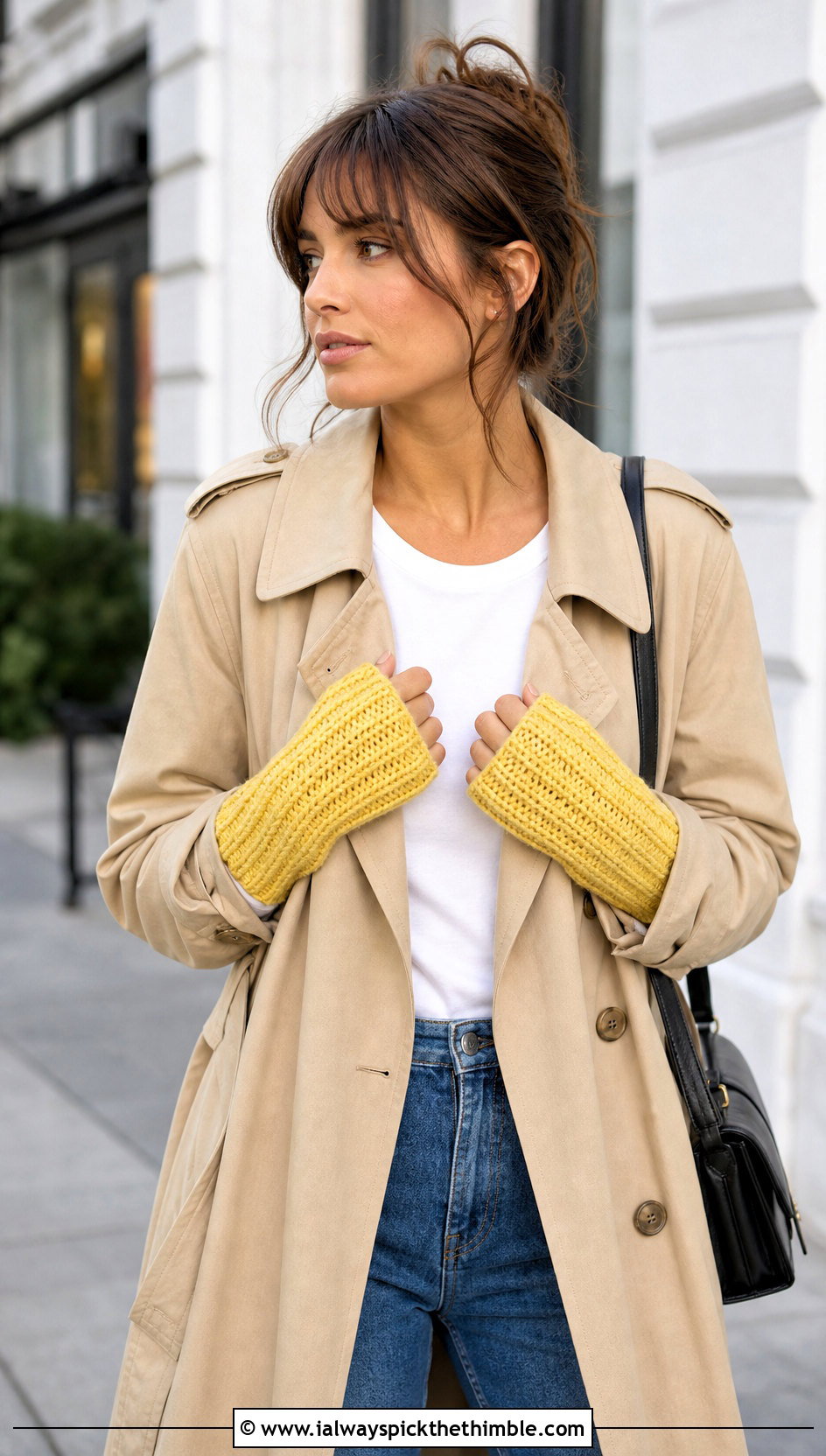 Ribbed Crochet Fingerless Gloves With Trench Coat And Jeans - 20 Diy Crochet Fingerless Gloves outfit ideas