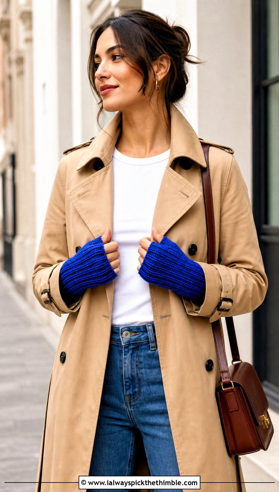 Ribbed Crochet Fingerless Gloves With Trench Coat And Jeans - 20 Crochet For Fingerless Gloves outfit ideas