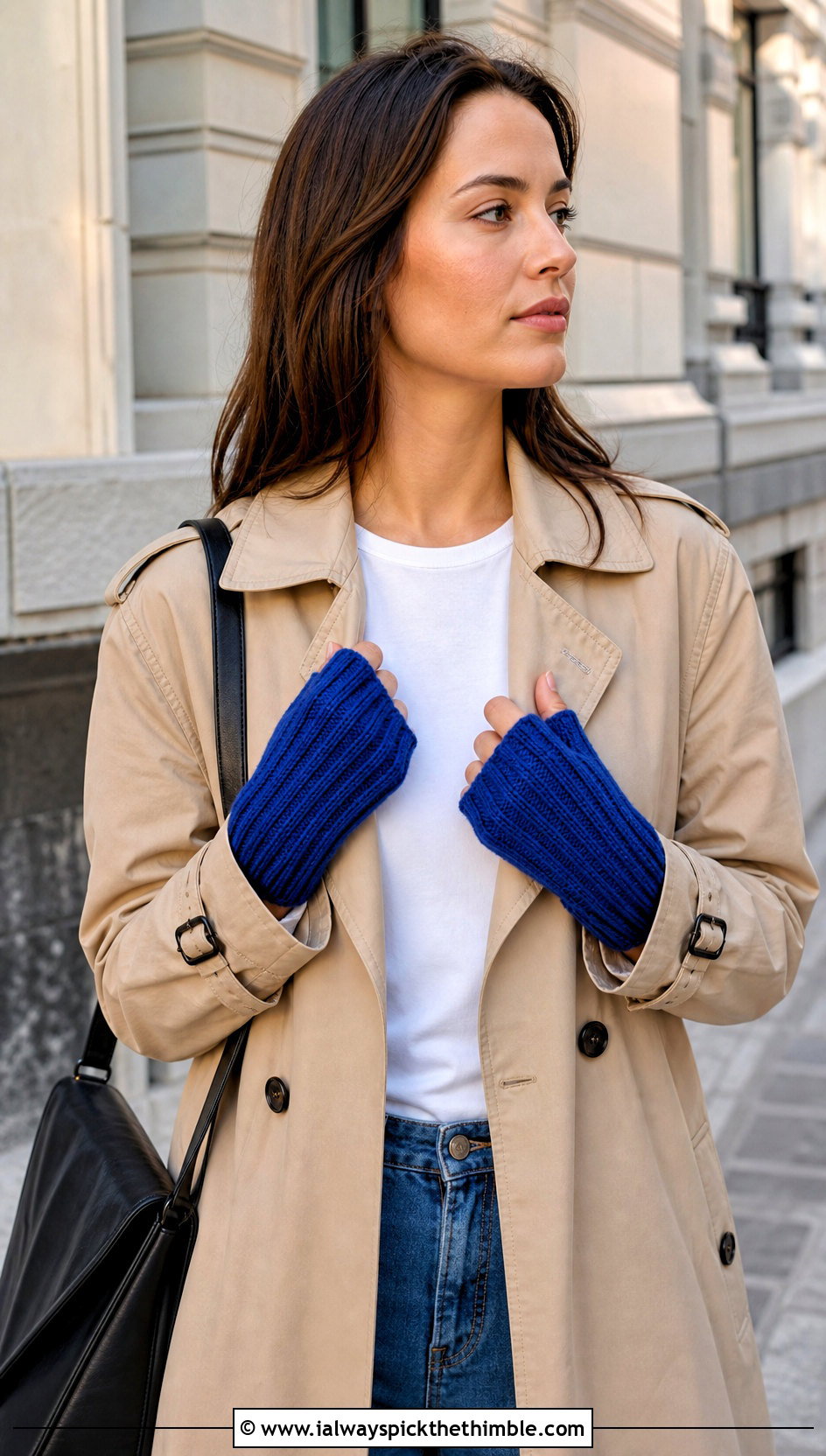 Ribbed Crochet Fingerless Mittens With Trench Coat And Jeans - 20 crochet fingerless mittens outfit ideas